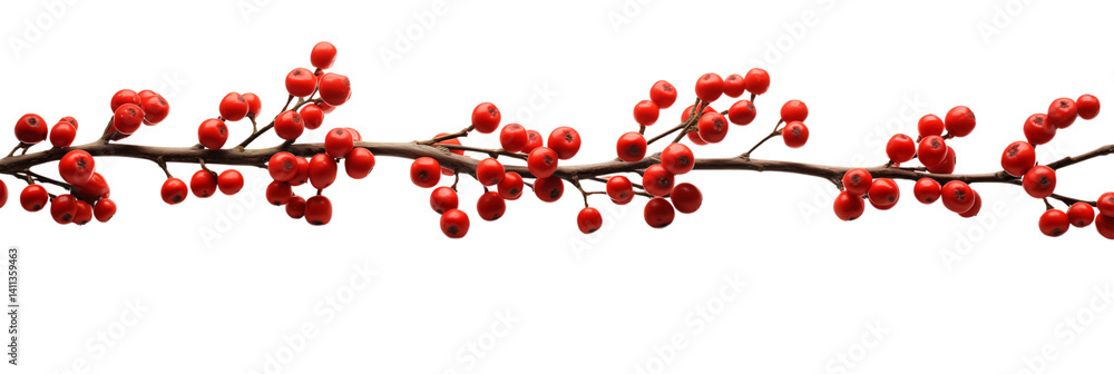 Poster a branch adorned with vibrant red berries against a stark transparent background in a close up view 