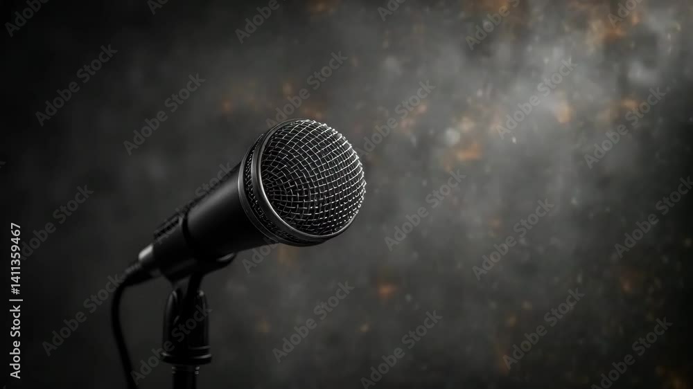 Poster close-up image of a classic black microphone on a stand against a dark background with soft bokeh ef