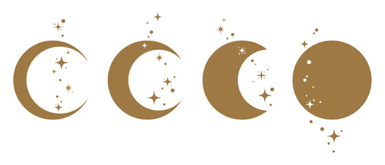 Crescent, half or full moon vector icons set. Set of gold moon and sparkling starlight various shapes. Moon phases flat design. Magical celestial design. Isolated vector illustration.