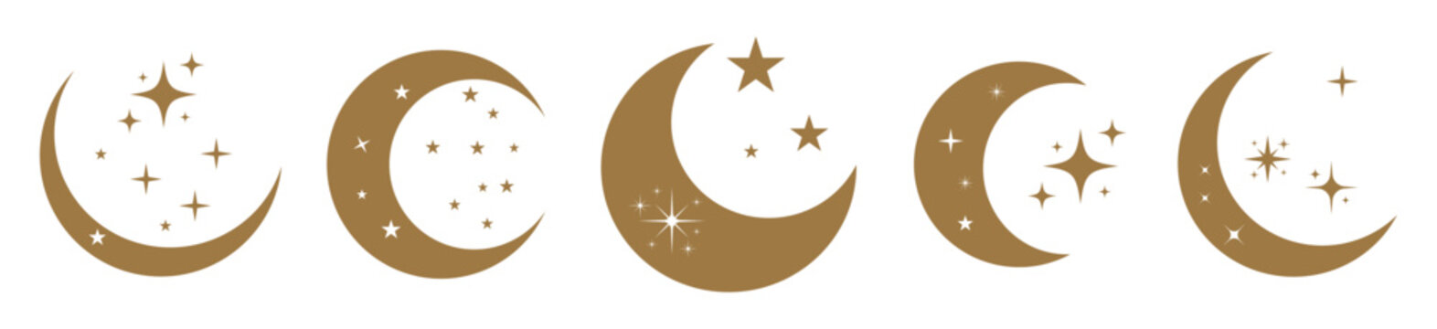 Crescent, half or full moon vector icons set. Set of gold moon and sparkling starlight various shapes. Moon phases flat design. Magical celestial design. Isolated vector illustration.
