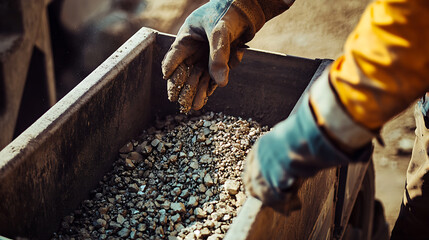 Mining worker loading extracted ore into a truck for transportation to processing facilities. Featuring teamwork and logistics