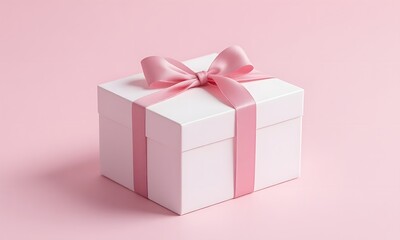 Obraz premium A white gift box adorned with pink ribbon and bow.