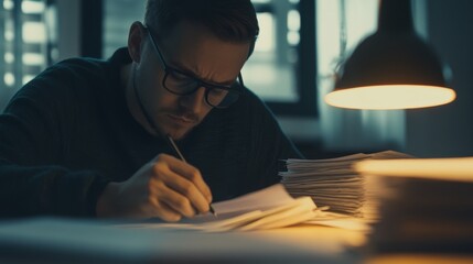 A teacher grading papers in a classroom. Featuring focus and dedication