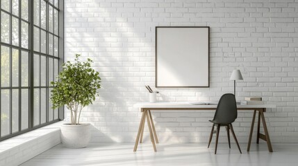 Bright Minimalist Home Office with White Brick Wall