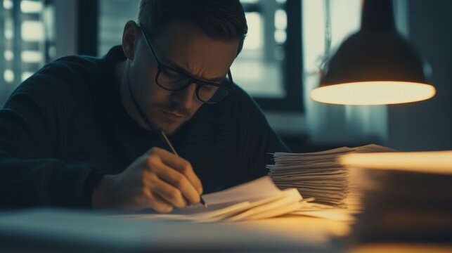 A teacher grading papers in a classroom. Featuring focus and dedication