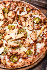 Gyros Pizza with jalapeno pepper and mozzarella cheese. Soft focus. Close up.	