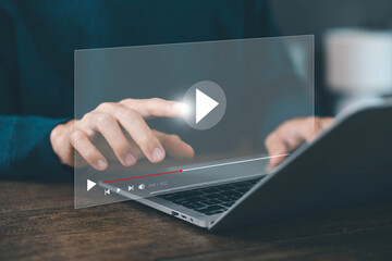 multimedia OTT, content on digital technology. concept of watching live video streams on a computer laptop, training, and education. Watch videos on social media platforms