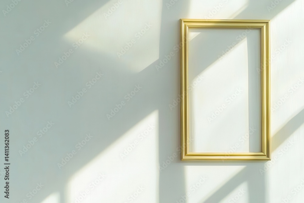 Poster a gold-framed empty picture hangs on a white wall illuminated by sunbeams casting beautiful shadows 