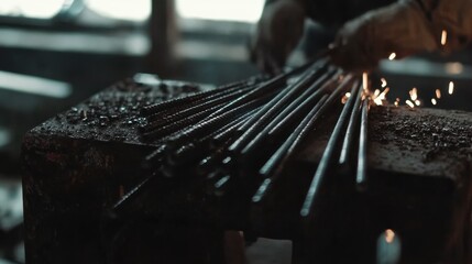 Steelworker cutting metal rods with precision tools. Featuring focus and skill