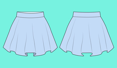Ladies Mini skirt flat sketch outline CAD mockup template.
