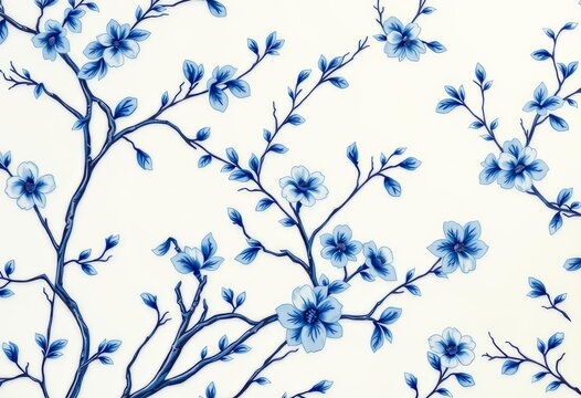 Elegant Chinoiserie-style blue and white floral branch pattern on ceramic background, antique, vintage