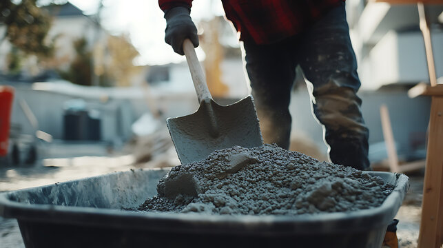 A construction worker mixing concrete with a shovel at a building site. Featuring preparation and effort