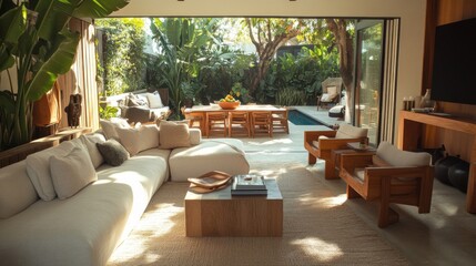 Fototapeta premium Bright Modern Living Room with Tropical Garden View