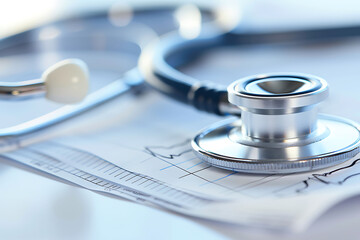 Stethoscope on top of ECG line paper with heart monitor wave pattern, close-up. White background. No people or faces visible. Medical equipment concept.
