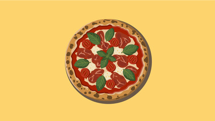 Neapolitan Pizza Illustration with Fresh Ingredients on Vibrant Yellow Background
