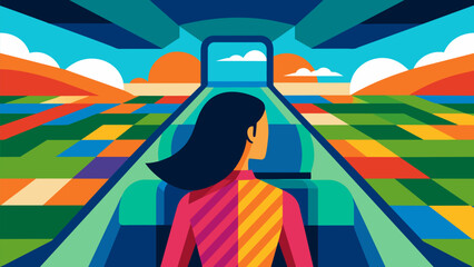 A woman marveling at the colorful patchwork of fields and meadows from her seat in the air taxi.. Vector illustration