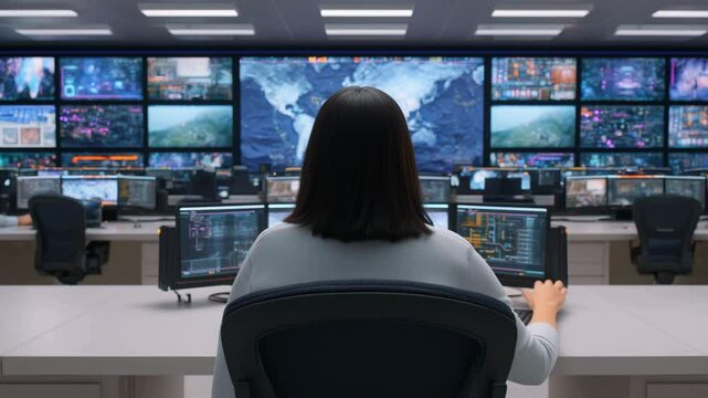A woman with dark hair sits at a desk, facing a wall of numerous computer screens displaying various digital interfaces, including a world map, charts and data feeds
