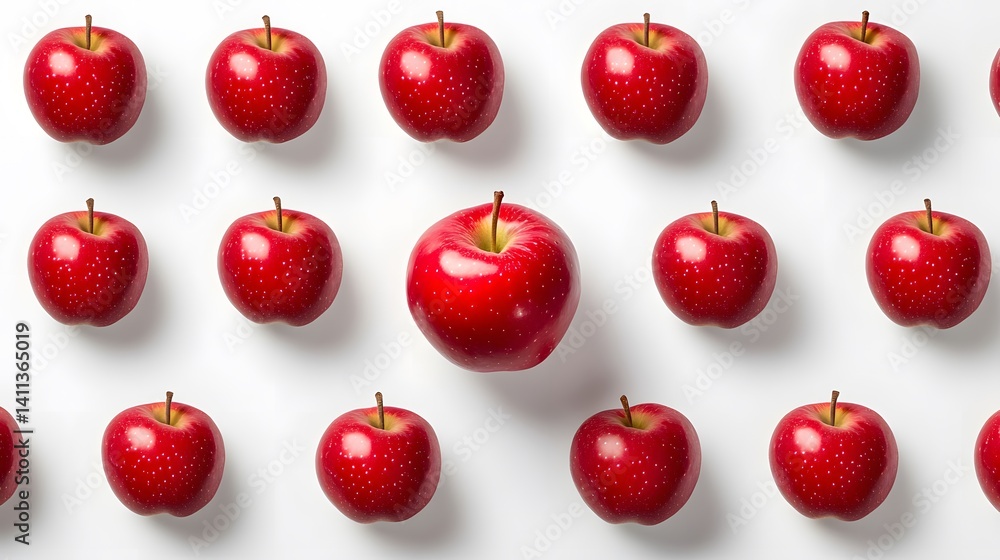 Poster a vibrant pattern of red apples on a white background. one larger apple is centrally positioned, cre