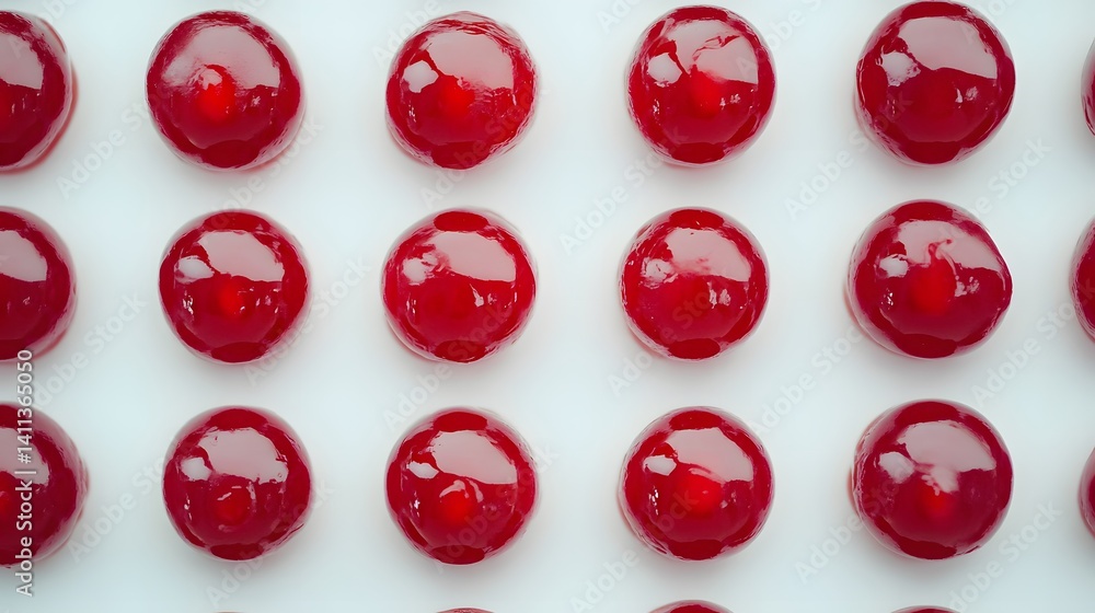 Poster overhead shot of multiple shiny red jelly candies arranged in a grid pattern on a white background. 