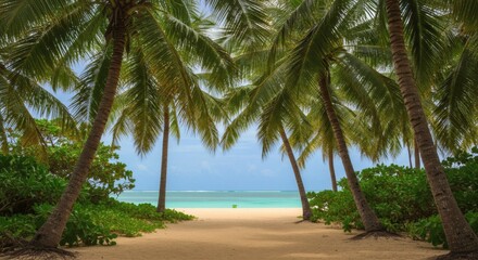 Fototapeta premium Tropical Beach Path with Palm Trees Leading to Turquoise Water