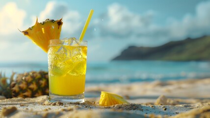  A refreshing glass of pineapple juice with condensation, a slice of pineapple, and a straw, set in a tropical beach setting. 
