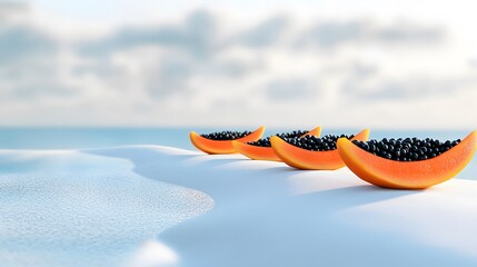 Obraz premium Three papaya halves filled with black seeds rest on a pristine white surface, with a blurred ocean backdrop. A tranquil and refreshing summer scene.