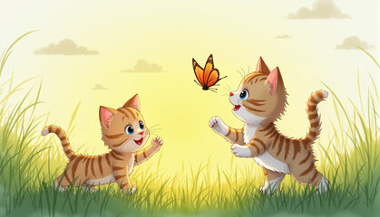 Playful kittens chasing butterfly in grassy field childhood joy