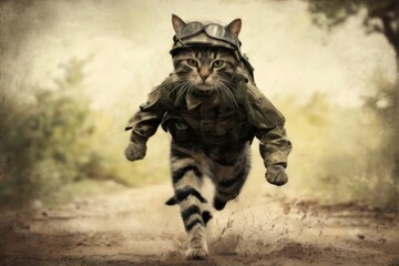 Fototapeta premium Soldier Cat Digital Art of a MilitaryClad Feline Running on Dirt Road in Vintage Grungy Style.