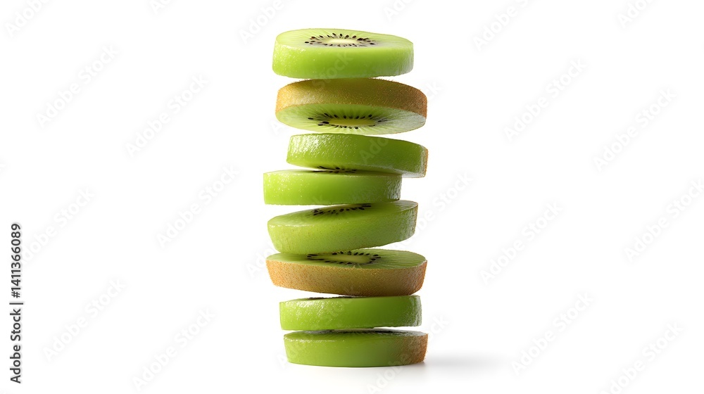 Poster a stack of perfectly sliced kiwi fruit against a white background. the vibrant green slices are arra