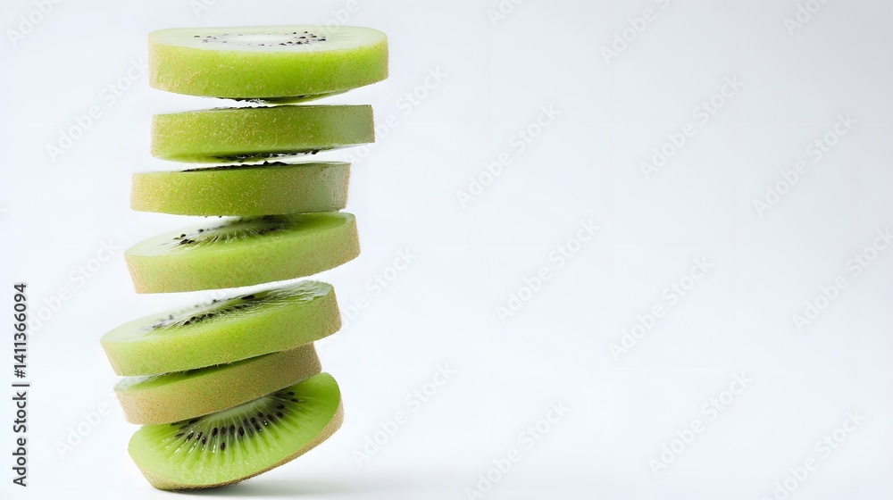 Poster a stack of perfectly sliced kiwi fruit pieces levitates against a clean white background. the vibran