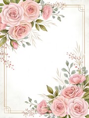 Wedding invitation design with blush pink roses arranged around the edges, soft watercolor style, elegant white background, copy space in center