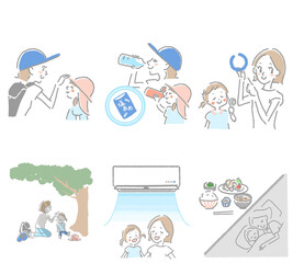 Fototapeta premium 熱中症予防のポイントを親子の日常で表した親しみやすいイラスト