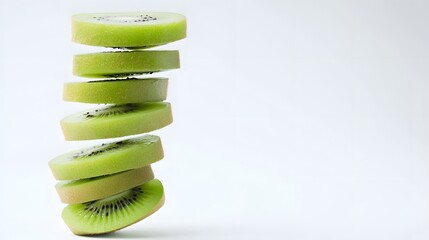 A stack of perfectly sliced kiwi fruit pieces levitates against a clean white background.  The vibrant green color and juicy texture are highlighted, creating a fresh and appetizing image.