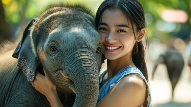 A joyful girl embraces a young elephant in a natural setting.