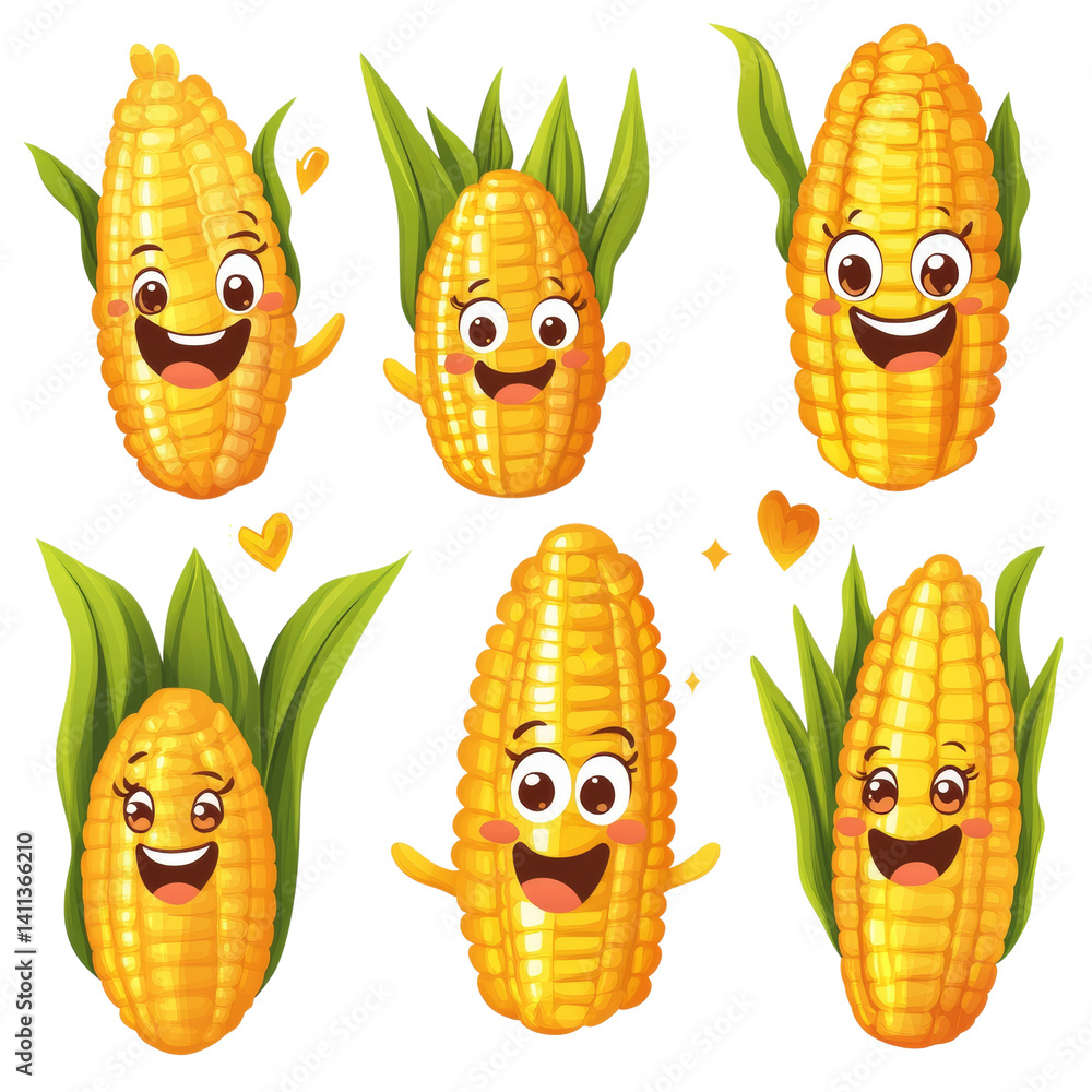 Poster cheerful corn cob characters with expressive faces in a vector design style