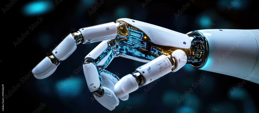 Poster close-up of a futuristic robotic hand with intricate digital circuitry visible beneath its pristine 
