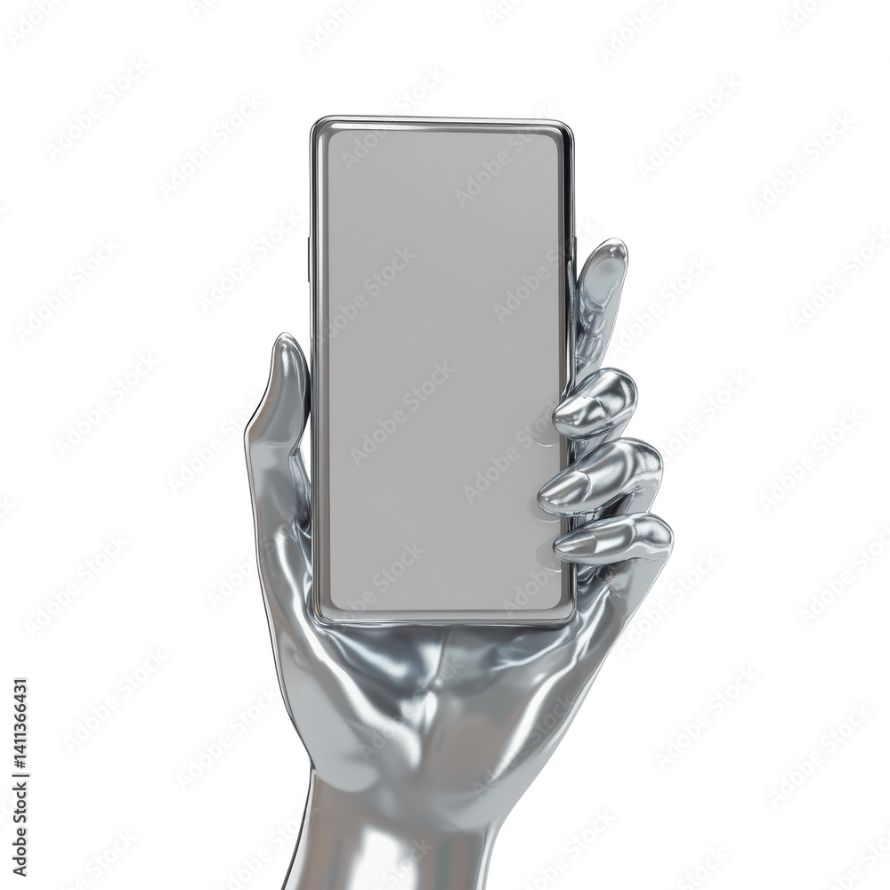 Poster metallic hand holding a blank mobile device for futuristic technological integration