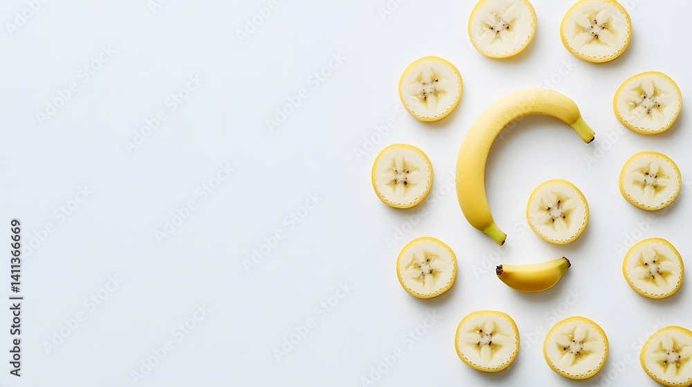 Aufkleber a whole banana and several slices arranged to form a question mark on a white background. minimalist