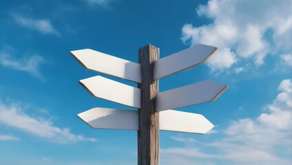 Wooden signpost with weathered arrows in various directions against tranquil blue sky, attached to wooden post.