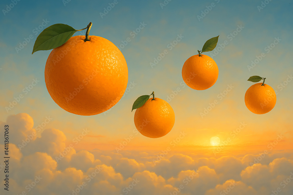Poster a surreal scene featuring vibrant oranges floating among clouds at sunset, creating a whimsical and 