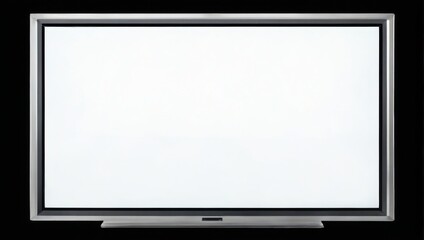 Modern flatscreen TV with silver frame isolated on black background, front view with blank screen and power button.