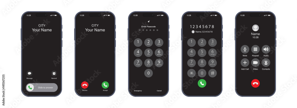 Poster smartphone call app interface – incoming call, unlock, hang up, dial pad, passcode, and in-call scre