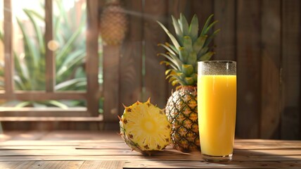 A whole pineapple and a glass of fresh pineapple juice, condensation on the glass, set on a wooden table against a wooden backdrop. 
