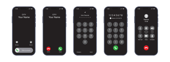 Smartphone Call App Interface – Incoming Call, Unlock, Hang up, Dial Pad, Passcode, and In-Call Screen UI on Mobile Phone Display. Vector Illustration