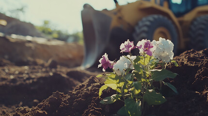 A construction worker operating a bulldozer on a construction site. Featuring power and control