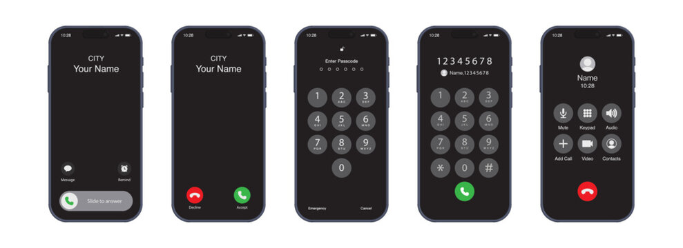 Smartphone Call App Interface &ndash; Incoming Call, Unlock, Hang up, Dial Pad, Passcode, and In-Call Screen UI on Mobile Phone Display. Vector Illustration