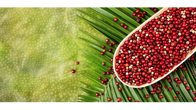Brazilian peppertree red berries on palm frond, spice ingredient from Brazil