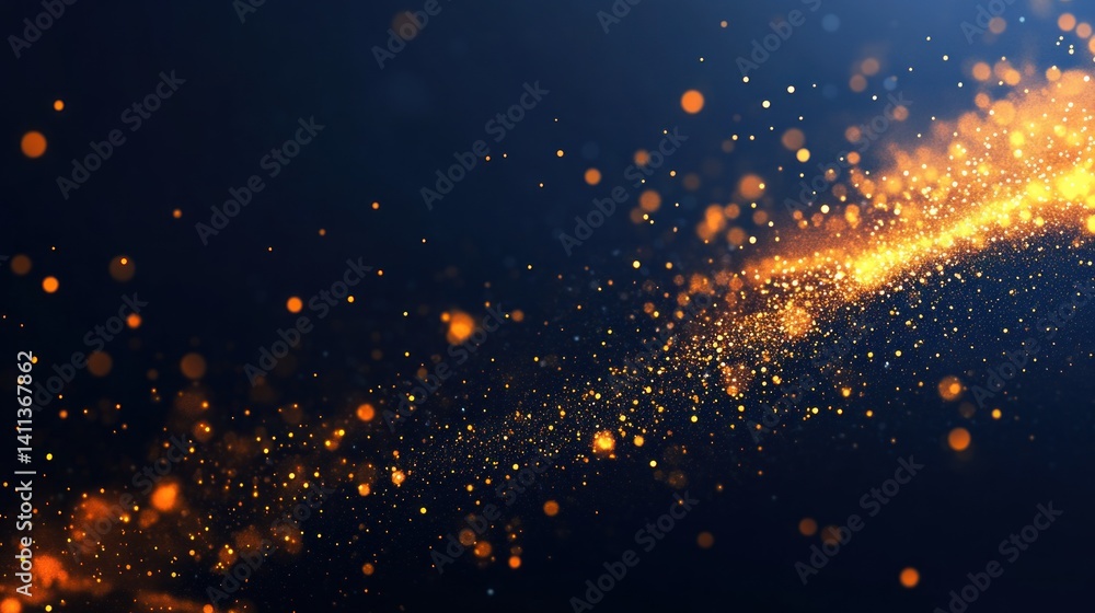 Poster shimmering stream of golden particles gracefully traversing a deep indigo backdrop creating a mesmer