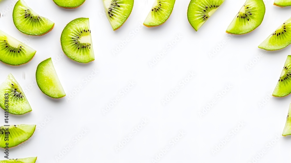 Poster fresh kiwi slices arranged on a white background, forming a border with ample copy space in the cent
