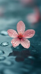 Close-up of a delicate pink flower with raindrops on a smooth surface, creating a serene atmosphere